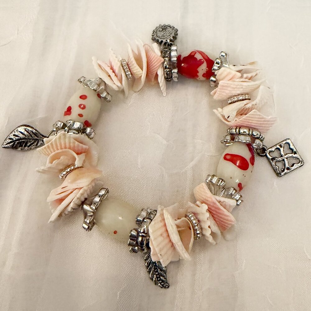 Pink Sea Shell & Charm Statement Bracelet - Whimsical Coastal Boho